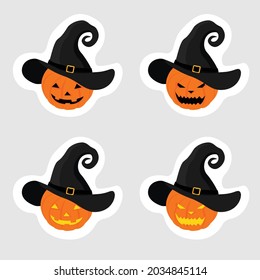 Set pumpkin on white background. Orange pumpkin with witch hat for your design for the holiday Halloween. Vector 