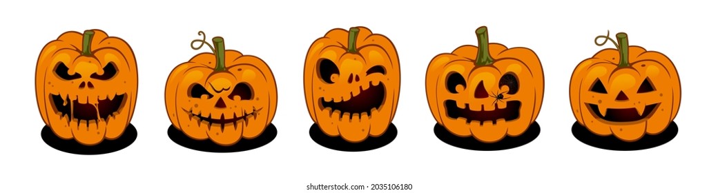 Set pumpkin on white background. scary and funny faces of Halloween pumpkin. Orange pumpkin with smile for your design for the holiday Halloween. Isolated. Vector