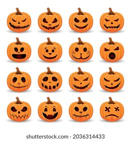 Set pumpkin on white background. The main symbol of the Happy Halloween holiday. Orange pumpkin with smile for your design for the holiday Halloween. Vector illustration.