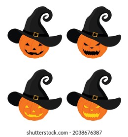 Set pumpkin on white background. Orange pumpkin with witch hat for your design for the holiday Halloween. Vector 
