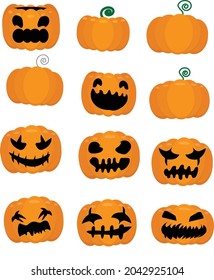 Set pumpkin on white background. Orange pumpkin with smile for your design for the holiday Halloween. Scary Jack-o-lantern facial expressions Illustration Vector.