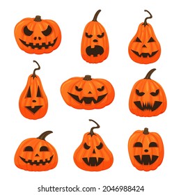 Set pumpkin on white background. Orange pumpkins for stickers. Pumpkin with faces, dark holes for your design for the holiday Halloween. Vector illustration.
