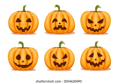 Set pumpkin on white background. Orange pumpkin with scary smile. Happy Halloween, trick or treat.