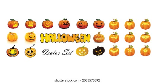 Set pumpkin on white background. The main symbol of the Happy Halloween holiday. Halloween Pumpkins Mixed Mega Vector Collection. eps