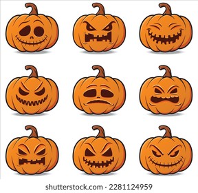 Set of pumpkin on white background. Scary Halloween carved symbol with spooky emotions for your design for the holiday Halloween. Autumn celebration symbol. Vector illustration
