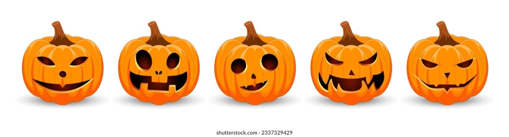 Set pumpkin on white background. The main symbol of the Happy Halloween holiday. Orange pumpkin with smile for your design for the holiday Halloween. Vector illustration.