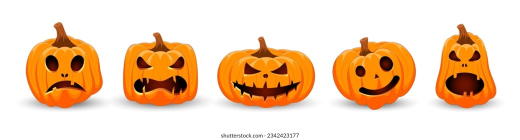 Set pumpkin on white background. The main symbol of the Happy Halloween holiday. Orange pumpkin with smile for your design for the holiday Halloween. Vector illustration.