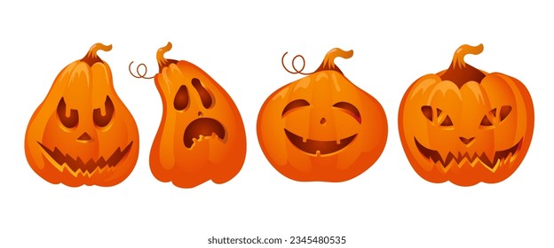 Set pumpkin on a white background. Orange pumpkin with a creepy face or smile for your Halloween design.cartoon style. Vector illustration.