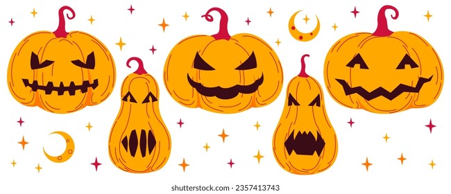 Set pumpkin on the white background. Orange pumpkin with smile for your design for the holiday Halloween. Flat Vector illustration.