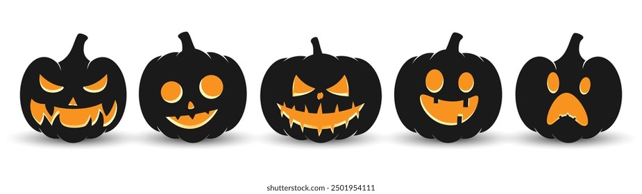 Set pumpkin on white background. The main symbol of the Happy Halloween holiday. Orange pumpkin with smile for your design for the holiday Halloween. Vector illustration.