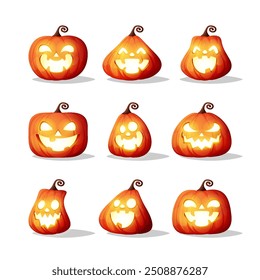 Establecer la calabaza sobre fondo blanco. Calabaza naranja con sonrisa para su diseño para las vacaciones de Halloween. Ilustración vectorial.
