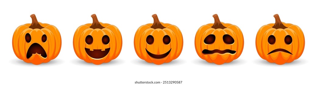 Set pumpkin on white background. The main symbol of the Happy Halloween holiday. Orange pumpkin with smile for your design for the holiday Halloween. Vector illustration.