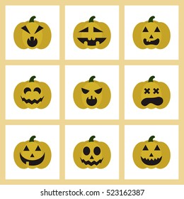Set pumpkin on white background. The main symbol of the Happy Halloween holiday. Orange pumpkin with smile for your design for the holiday Halloween. Vector illustration.