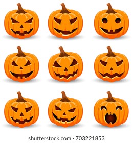 Set pumpkin on white background. The main symbol of the Happy Halloween holiday. Orange pumpkin with smile for your design for the holiday Halloween. Vector illustration.