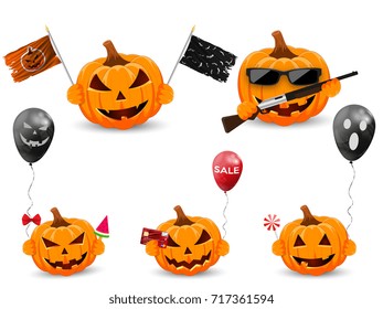 Set pumpkin on white background. The main symbol of the Happy Halloween holiday. Orange pumpkins with air balloon, gun, bank card, ice cream, candy and flag. Design for the holiday Halloween.
