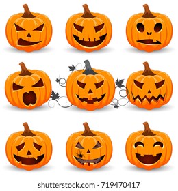 Set pumpkin on white background. The main symbol of the Happy Halloween holiday. Orange pumpkin with smile for your design for the holiday Halloween. Vector illustration.