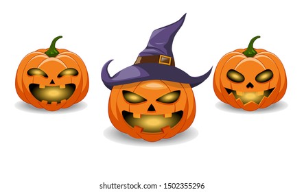 Set pumpkin on white background.Orange pumpkin with smile for your design for the holiday Halloween. Vector illustration. 