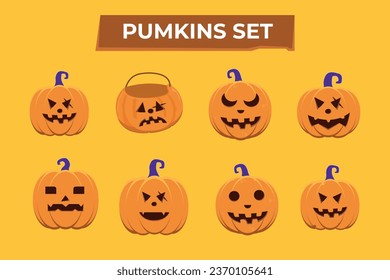 Set pumpkin on yellow background. Orange pumpkin with smile for your design for the holiday Halloween. Vector illustration