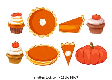 A set of pumpkin pies, cupcakes with whipped cream and pumpkin.Design elements for Thanksgiving, Halloween.