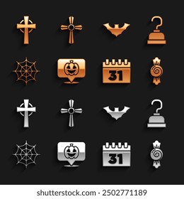 Set Pumpkin, Pirate hook, Candy, Calendar with Halloween, Spider web, Flying bat, Tombstone cross and  icon. Vector