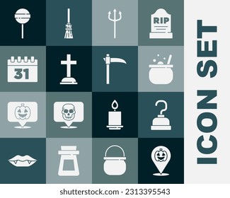 Set Pumpkin, Pirate hook, Halloween witch cauldron, Neptune Trident, Tombstone with cross, Calendar, Lollipop and Scythe icon. Vector
