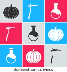 Set Pumpkin , Scythe  and Bottle with potion  icon. Vector