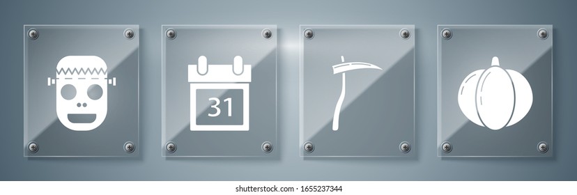 Set Pumpkin , Scythe , Calendar with Halloween date 31 october  and Zombie mask . Square glass panels. Vector