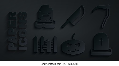 Set Pumpkin, Scythe, Garden fence wooden, Tombstone with RIP written, Knife and  icon. Vector