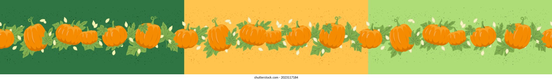 Conjunto de bordes de calabaza sin fisuras para el humor de otoño. Halloween. Borde con calabazas, hojas y semillas en colores naranja, blanco, verde amarillo y verde anaranjado. Ilustración aislada del material vectorial EPS 10.