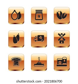 Set Pumpkin Seeds, Bread Toast, Seed, Flour Truck, Pistachio Nuts, Farm House And Bag Of Coffee Beans Icon. Vector