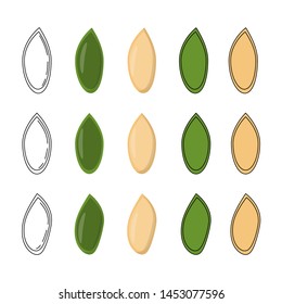 Set of pumpkin seeds in three styles - outline, flat, cartoon. nut  icons for design and web isolated on white background.