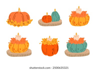 Set pumpkin shape scented candles illustration with a burning candle on top on white background. Cozy autumn aromatic candle .Hand drawn Halloween candlelight. Flat vector illustration for a poster, s