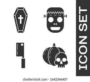 Set Pumpkin and skull , Coffin with christian cross , Meat chopper  and Zombie mask  icon. Vector