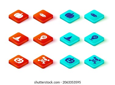 Set Pumpkin, Skull on crossbones, Witch hat, Vampire teeth and  icon. Vector