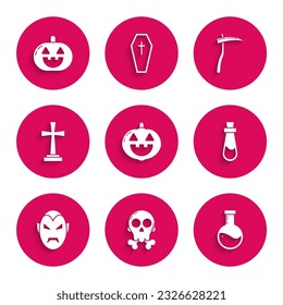 Set Pumpkin, Skull on crossbones, Bottle with potion, Vampire, Tombstone, Scythe and  icon. Vector