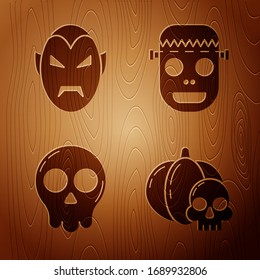 Set Pumpkin and skull , Vampire , Skull  and Zombie mask  on wooden background. Vector