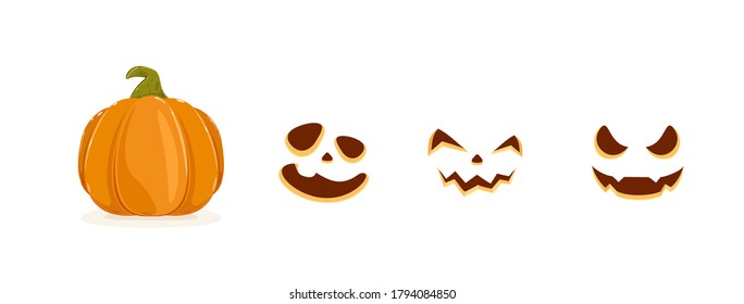 Set of pumpkin smiles for Halloween isolated on white background. Set of elements. Scary illustration can be used for holiday cards, children's clothing or things design, invitations and banners.