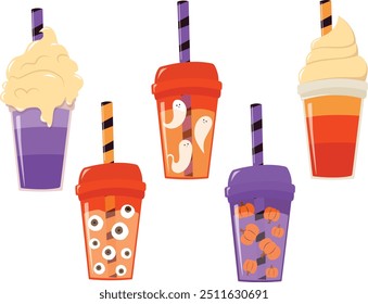 Set with pumpkin smoothie and coffee cups. Halloween cold drink with whipped cream and various toppings. Vector image in cartoon style on white background. Good for stickers, cards, posters.