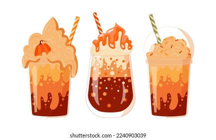 Set of Pumpkin spice latte, Autumn food and drinks. Vector illustration.