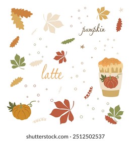 Set of pumpkin spice seasonal flavored products, coffee, latte. Autumn drink isolated on white background. Collection of Vector Elements and Botany Illustration for Design Art, Invitation, Card, Decor