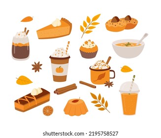 Set of pumpkin spice seasonal products, coffee, latte, pie, cake, soup, smoothie isolated on white background. . Flavored sweet desserts. Autumn food and hot drinks vector illustration