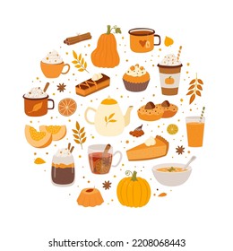 Set of pumpkin spice seasonal products, coffee, latte, pie, cake, soup, smoothie vector illustration. Autumn food and hot drinks round composition. Mulled wine and spice isolated on white background