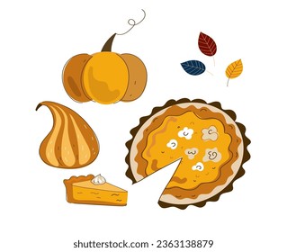 Set of pumpkin spice seasonal products, pumpkin pie and cream.  Autumn food vector cartoon flat doodle illustration.