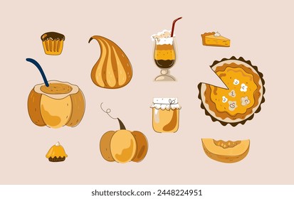 Juego de especias de calabaza, productos de temporada, café, café con leche, pastel, torta, sopa, batido. Ilustración de doodle plano de dibujos animados de Vector de comida de otoño.