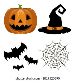 Set and pumpkin  spider web  bats   witch hat white background  Helloween  For gift paper  textiles  clothes  social networks  wallpaper  prints  festive decor 