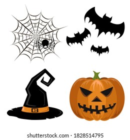 Se monta con calabaza, telaraña, murciélagos y sombrero de bruja sobre fondo blanco. Halloween. Para papel de regalo, textiles, ropa, redes sociales, papel pintado, impresiones, decoración festiva.