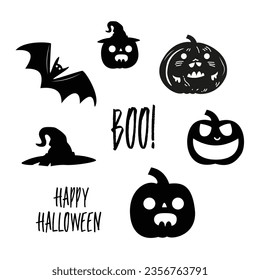 Set with pumpkin, spider web, bats and witch hat on white background. Halloween. For gift paper, textiles, clothes, social networks, wallpaper, prints, festive decor.