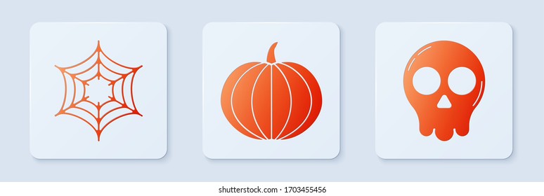 Set Pumpkin , Spider web  and Skull . White square button. Vector
