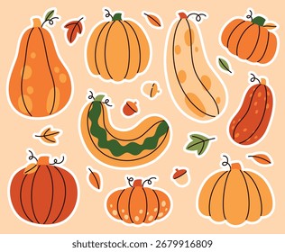 A set of pumpkin stickers in various colors and sizes. Flat vector illustration.