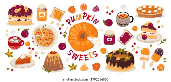 Set of PUMPKIN SWEETS: Pumpkin, pumpkin pie, ice cream, cupcake, cookies, marmalade, jelly, jam on toast, cocoa with marshmallows, prunes. Vector drawings on a white background isolated.